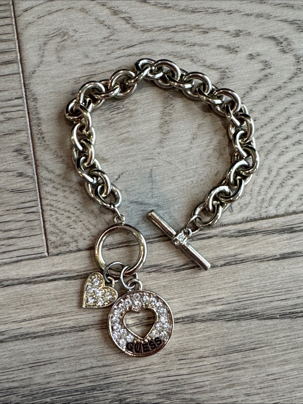 GUESS Gold-Tone Crystal Heart and Circle Charm Chain Bracelet